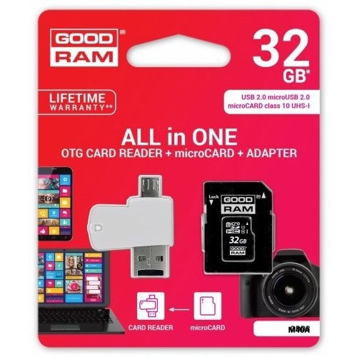 MicroSDHC 32GB UHS-I Class 10 GOODRAM + SD-adapter + OTG Card reader [M1A4-0320R11]