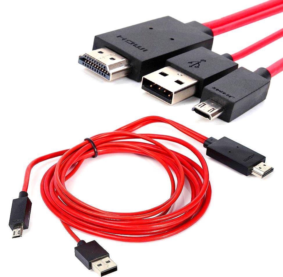 Переходник-конвертер MHL (micro USB (папа) + USB (папа)) to HDMI (папа), RED, 2m Q50 [2327]