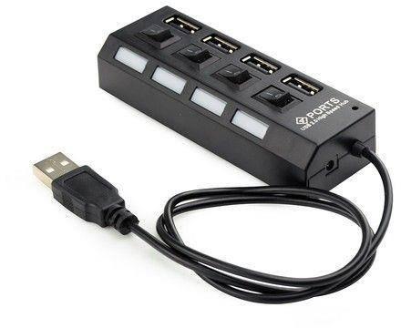 Хаб USB 2.0 4 порта с переключателями на каждый порт, Black, 480Mbts High Speed, питание от USB, Blister